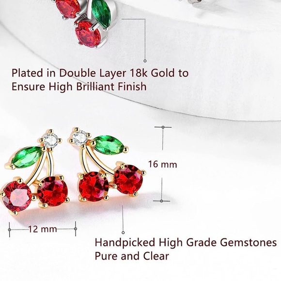 Fruit Stud Cherries Earrings 18K Gold Red Cherries Summer Gold Jewelry 🍒 - Picture 4 of 4